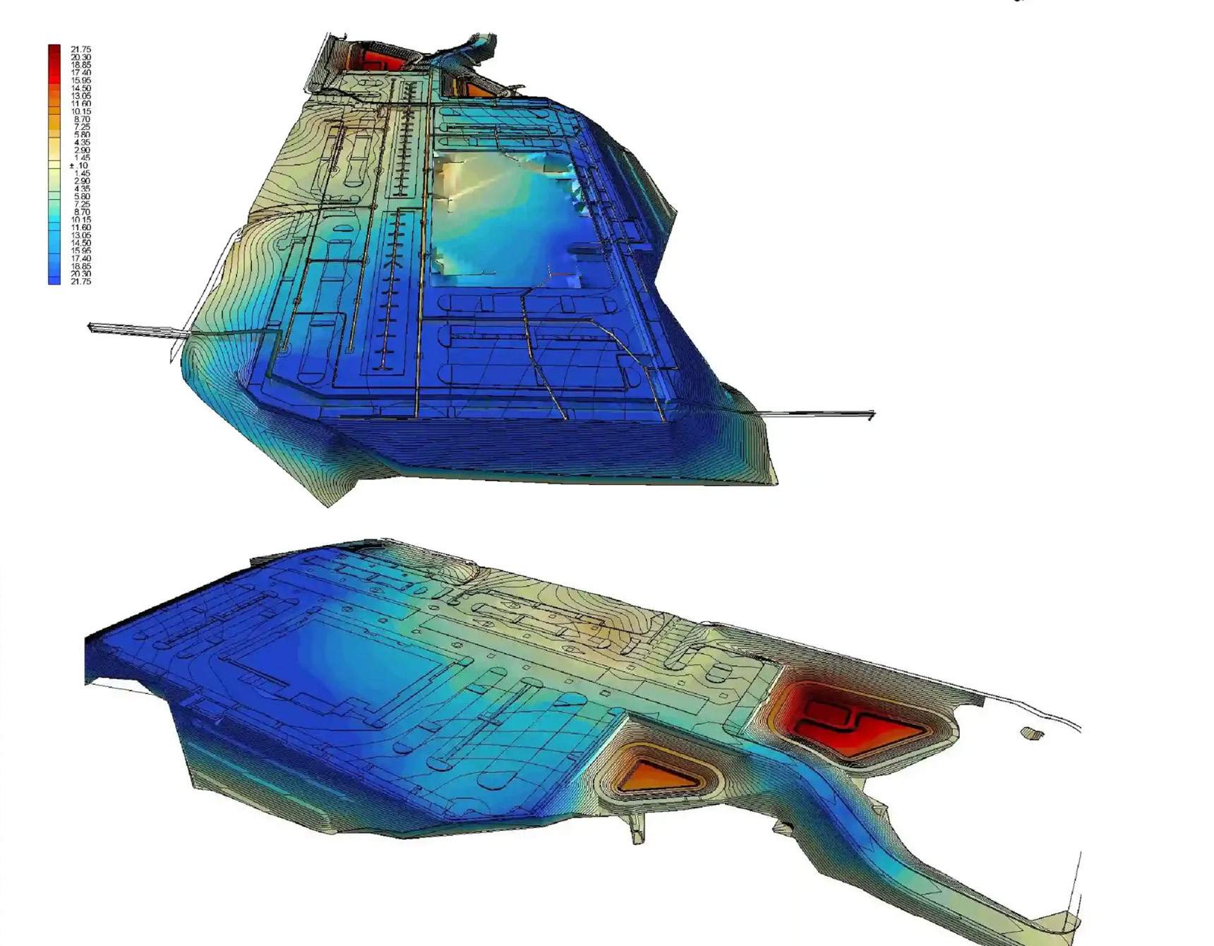 Cut/fill heat map: two 3D views of a graded site surface, colored by cut and fill depth against a ±21.75 ft scale.